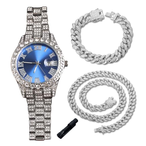genkigold Gold Diamond Watch for Teen Boys - 42mm Roman Numerals Round Dial in Blue - Platinum Plated 8