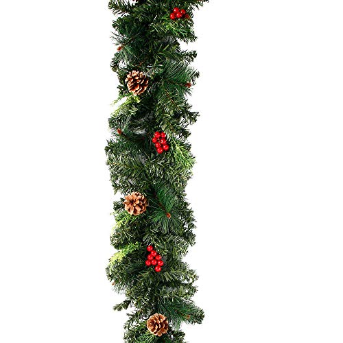 Judy1980 180cm Guirlande Sapin Artificiel Nëol Vert avec Pomme de pin Fruit Rouge,Couronne Sapin Noël pour décoration Cheminée Porte Escalier (180CM, Guirlande sans LED) Cover