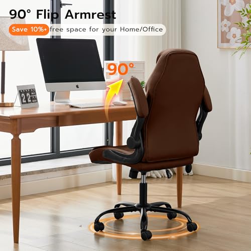 Ylzyxal Office Desk Chair, Ergonomic Computer Chair with Padded Flip-Up Arms and Adjustable Lumbar Support, PU Leather Executive Chair with Tilt Lock and 360° Swivel Rolling Wheels for Work, Study by Ylzyxal - Image 5