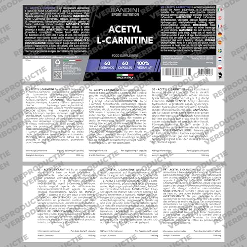 Bandini® Acetyl L-CARNITINE 1000 mg (Hoge Dosis) | Acetyl L Carnitine voor Sporters met Hoge Fysieke Activiteit | Voor Sportschool, Sport en Training | Veganistisch Carnitin, Geen GMO | 60 Capsules - Afbeelding 6