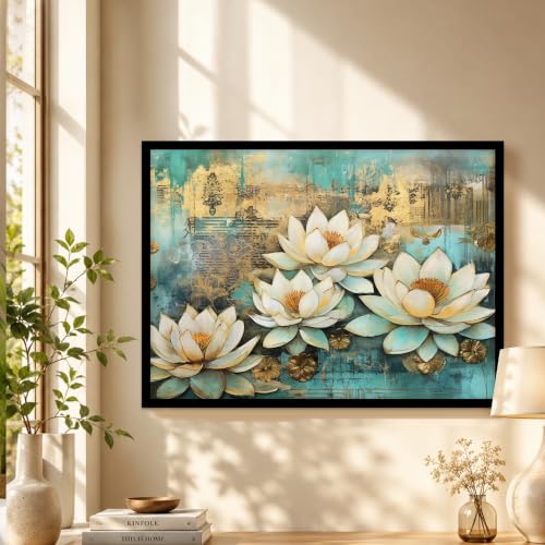 Image of PAINTINGMANTRA White Lotus Flower Framed Wall Art Painting for wall decoration, Lotus floral Poster with frame for living room, bedroom, Home and Office, 10x13 Inch