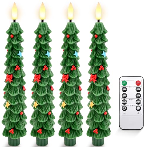 BOSONER Christmas Tree Candles for Home: 4 Pcs Flameless Taper Candle Lights Battery Operated with Remote and Timer - Christmas Decorations for Dining Table & Fireplace