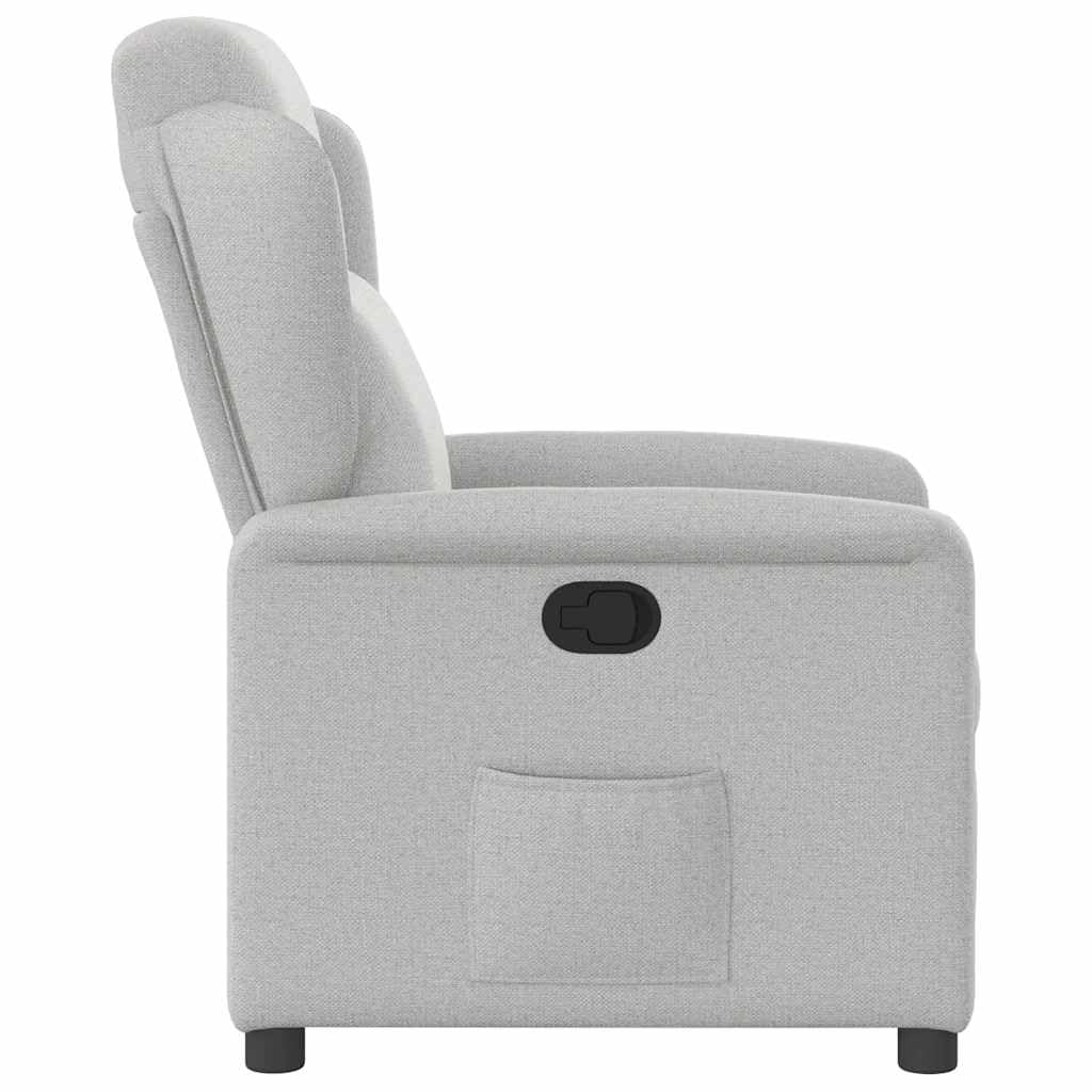 Fotel relaksacyjny w kolorze szarego materiału z regulowanym oparciem i podnóżkiem, stabilna rama drewniano-metalowa, ergonomiczna tapicerka do salonu, biura, czytania i relaksu