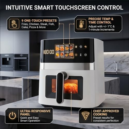 Image of Toree Smart View Digital Air Fryer with Window, Rapid Hot Air Technology, Oil-Free Cooking, With complete accessory set, silicone bake tray, tong, skewers etc. | 1 Year Warranty- 8130656959