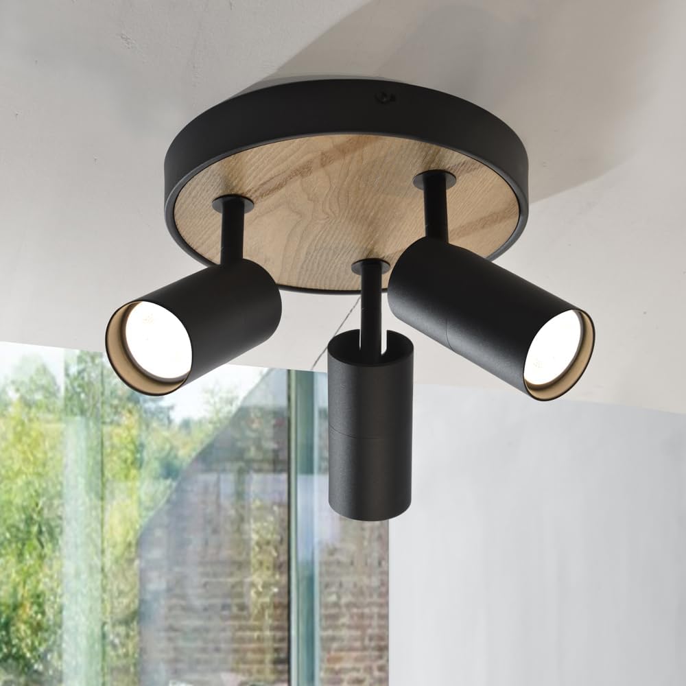 Track Lighting Fixtures Ceiling 3-Light,Spotlight Indoor for Bedroom,Aluminum&Adjustable Lampshade,Black and Wood Track Lighting for Kitchen,Laundry,Bathroom,Small Space,Gu10 Directional Ceiling Light