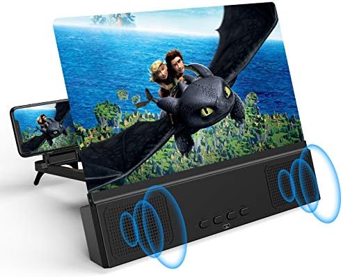 12" Phone Screen Magnifier with Bluetooth Speakers - 3D HD Magnifying Projector Screen Enlarger for Movies, Videos, Games - Foldable Cell Phone Stand with Screen Amplifier - Supports All Smartphones