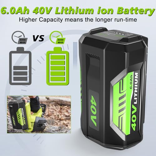 Image of 2Pack 6000mAh Lithium Battery Replacement for Ryobi 40V Battery and Charger | Compatible with Ryobi 40 Volt Batteries OP40401 OP4026 OP4030 OP4050 OP40601 Cordless Tools, LED Indicator Lights