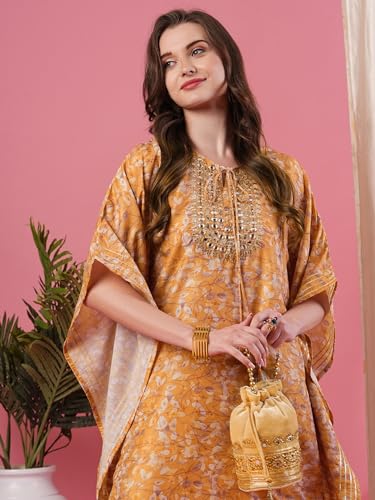Image of Globus Yellow Round Neck Allover Printed Kaftan Kurta