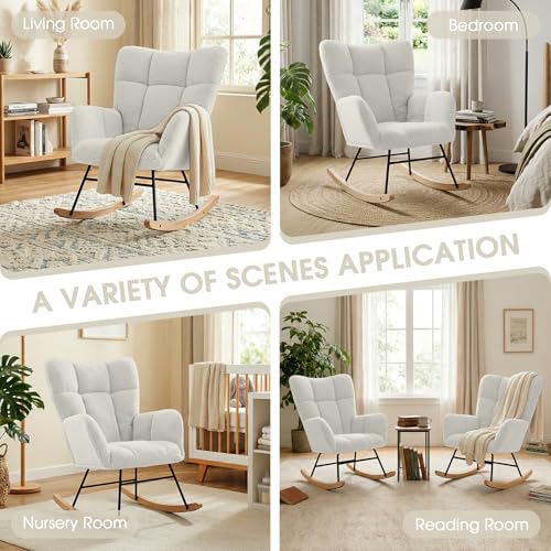 Wryxplor Nursery Rocking Chair, Teddy Upholstered Glider Chair with Thick Cushion, Tufted Gliding Rocker Chair with Wood Leg, Cozy Rocking Armchair, Accent Rocking Chair for Living Room (Ivory)