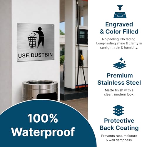 Image of Stainless Steel Dustbin Sign Board for Office, Mall, Restaurant, Hotel & Public Places | Durable, Rust Resistant | 6x8inches