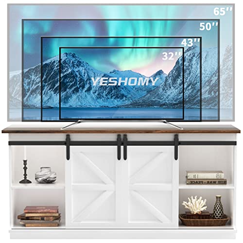 Yeshomy Farmhouse Tv Stand For Televisions Up To 65+ Inch With Sliding Barn Doors And Storage Cabinets, Entertainment Center Console Table, Media Furniture For Living Room, 58 Inch, White #TOP2