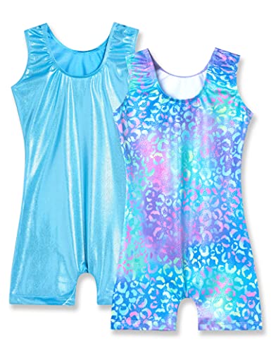 Nymphperi Girls Gymnastics Leotard Size 9-10 Years Old Sparkly Green Purple Leopard Biketards 2 Pack Blue Unitards - Thumbnail 2