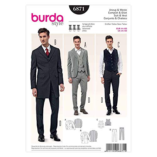 Burda B6871 Patron de Couture Costume et Gilet Homme 19 x 13 cm, 44-60