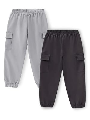 Trampoline Kids Joggers Trackpants Pack of 2 - Charcoal Grey & Grey | Knit Cotton Blend Cargo Style Pants for Boys & Gir