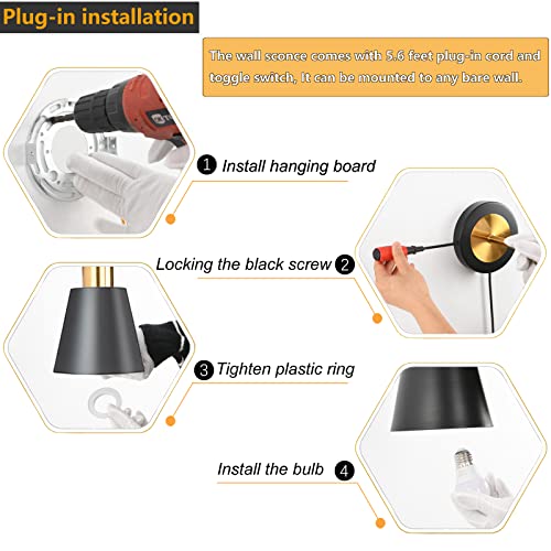 Koonting Plug In Wall Sconces Set Of Two, Metal Black And Brushed Brass Industrial Wall Light With Plug In Cord And On/Off Switch, Wall Mounted Lamp For Bedroom Headboard Workspace Living Room #TOP5