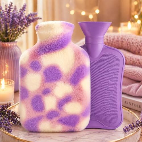 Image of Hot Water Bag with Soft Plush Cover 2000ml Medical Grade Silicone Hot Water Bottle for Period Cramps, Back Pain Relief, Hot & Cold Therapy, Muscle Aches & Full Body Relaxation Heating Pad (Lavender)