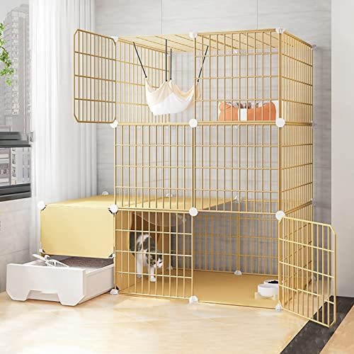 猫用ケージ 室内用 大型 トイレ付き ワイヤーキャットケージ 折りたたみ式キャットケージ ポータブルモルモットケージ 樹脂製フットパッド付き - ブラック/イエロー - 10サイズ(Yellow-c-111-49-109cm-1)