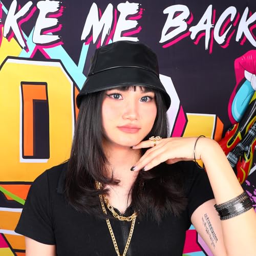 Image of Unisex Black Bucket Hat Waterproof Rain Hat Reversible Shiny Rave Bucket Hat for Concert Festival