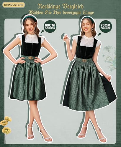 DirndlStern Dirndl Damen Trachtenkleid Grün - Trachtenrock Midi Samt Dirndlkleid Oktoberfest Outfit mit 70cm Dirndlschürzen 40
