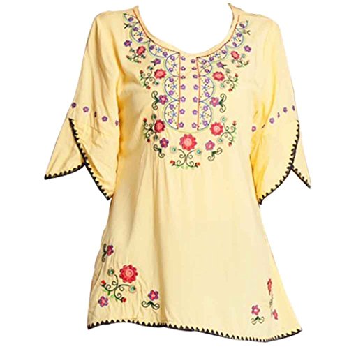 Kafeimali Women's Embroidery Mexican Bohemian Cotton Tops Shirt Tunic Blouses (Yellow)