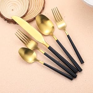 Matte Silverware Set Gold Flatware Set with Hexagon Handle 20 Pieces 18/0 Stainless Steel Cutlery Set Wedding Housewarming Gift Service for 4 (Matt black gold)
