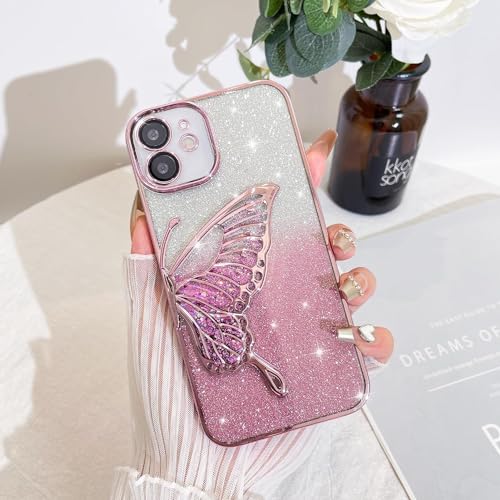 Image of SHINESTAR 3D Butterfly Case for iPhone 12 Cover, Cute Girly Glitter Bling Luxury Back Cover for Women Girls Protective Shockproof Slim Camera Protection for iPhone 12 - Pink