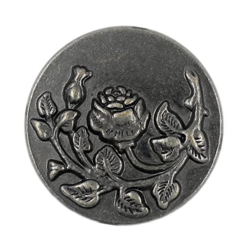 Bezelry 12 Pieces Rose and Vine Metal Shank Buttons. 20mm (3/4 inch) (Gray Silver)