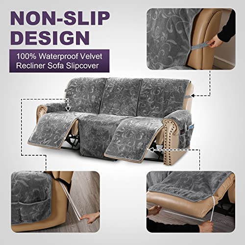 Meillemaison Recliner Sofa Covers For 3 Cushion Couch,100% Waterproof Velvet Recliner Sofa Slipcover With Cut Flower Pattern,Washable Reclining Furniture Protector With Elastic Straps,Grey #TOP3