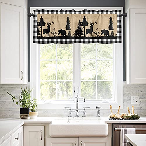 Curtain Valances For Windows Treatment Tier Curtains 54X18 In, Christmas Black White Buffalo Check Short Valance Curtain Rod Pocket Curtains For Kitchen, Forest Polar Bear Black Pine Tree Rustic #TOP1