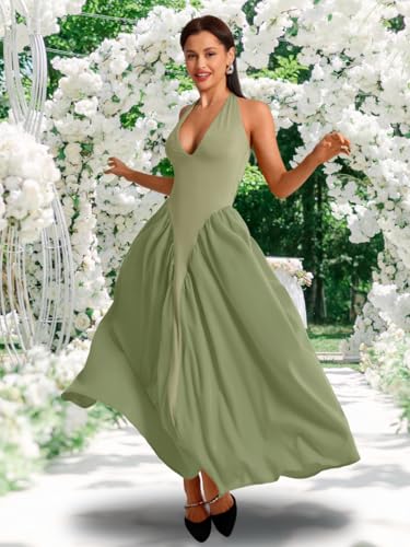 Image of ChiaoLezhee Deep V Neck Dress, Halter Maxi Dresses, Vacation Date Night, Sexy for Women Corset Flowy Wedding Guest Drop Waist