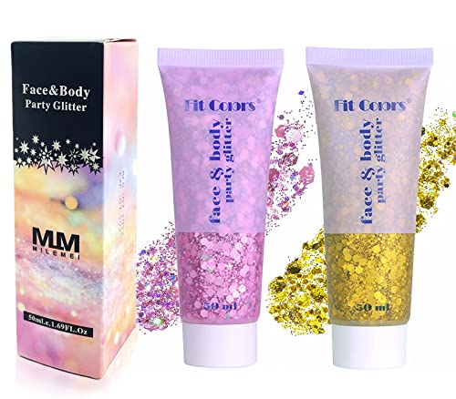 2 pièces Sparkling Chunky Glitter, Sirène Paillettes Liquide Fard À Paupières Glitter Body Gel Festival Glitter Cosmétique Visage Cheveux Ongles Maquillage Longue Durée Mousseux (Doré + rose) Cover