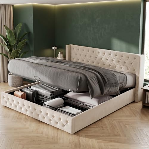 AliSefaiy Cama tapizada de 140 x 190 cm, cama con espacio de almacenamiento, cama juvenil, forma de oreja, doble fila de remaches, franela, costuras de botones, cabecero y pie de cama, cama funcional