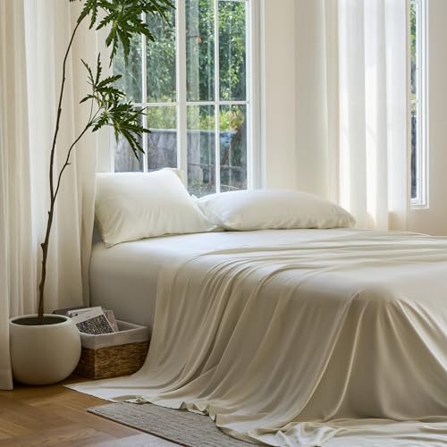 Image of DOZ Sheet Set, 100% Viscose derived from Bamboo, Organically Grown, Buttery Soft, Cooling Sheets, High GSM, Deep Pockets - 2 Piece - 1 Pillowcase 1 Fitted Sheet (Ivory, Twin XL)