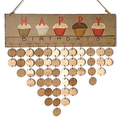 Rosenice Calendrier d'anniversaire en bois, tableau mémo pour la famille et les amis, cadeaux, décoration festive pour la maison, bricolage, 1 planche, 1 ficelle de suspension, 50 plaquettes rondes en