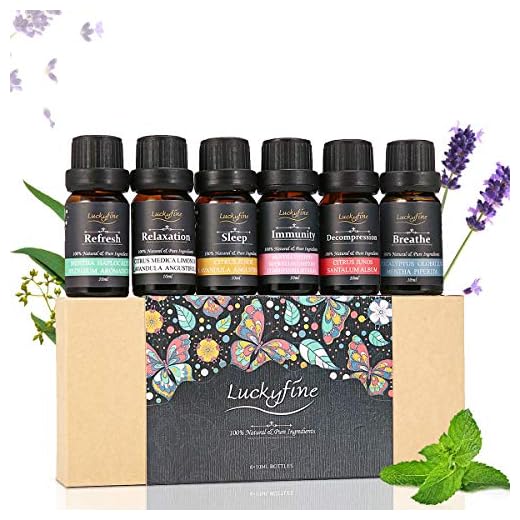 Luckyfine Aceites Esenciales Naturales Perfume de Aromaterapia Kit de Aceite Esencial - Ayuda a Dormir, Calma el Estado de Ánimo - Regalo Ideal 6 Olores Diferentes 6 x 10 ml