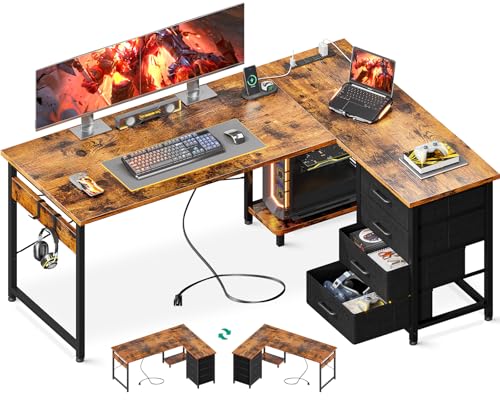 Casaottima L Shaped Desk with 4 Tier Drawers, 53" Gaming Desk with Power Outlets & USB, Reversible L-Shaped Computer Desk with CPU Stand, Home Office Corner Desk with Storage, Easy Assemble, Vintage