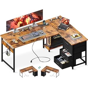 Casaottima L Shaped Desk with 4 Tier Drawers, 53″ Gaming Desk with Power Outlets & USB, Reversible L-Shaped Computer Desk with CPU Stand, Home Office Corner Desk with Storage, Easy Assemble, Vintage