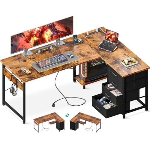 Casaottima L Shaped Desk with 4 Tier Drawers, 53″ Gaming Desk with Power Outlets & USB, Reversible L-Shaped Computer Desk with CPU Stand, Home Office Corner Desk with Storage, Easy Assemble, Vintage