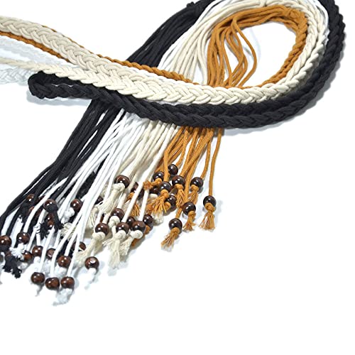 YOU&M Women's Hand-Weave Wax-Rope Tether Vintage with Wooden Beads Classic No Buckle Waist Belt4