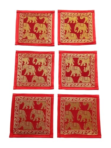 Image of Diwali Room Decor Silk Table Runner Placemats Tea Coaster Set for Living Room 4 to 6 Seater Dinning Table Table Mat Set Centre Table Top Decor Pack of 13 Pcs (Red)