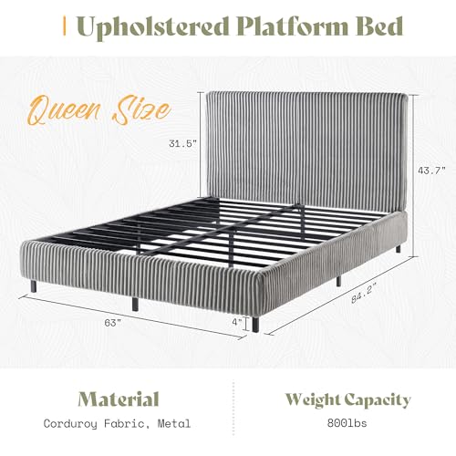 Image of AMERLIFE Queen Bed Frame, Upholstered Metal Platform Bed with Vertical Channel Tufted Headboard, Soft Fabric & Strong Metal Slats, Noise-Free /Easy Assembly, Grey Queen Upholstered Bed and Headboard