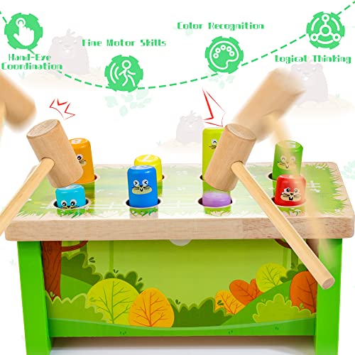 KIDWILL Wooden Hammering Pounding Toy for Kids, Early Developmental Whack-a-Mole Game Montessori Education Learning Toy Set with 2 Hammers Gift for Baby Toddlers Age 1 2 3