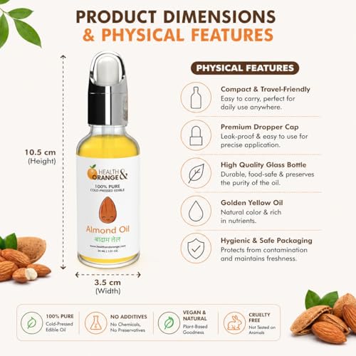 Image of H&O Almond Oil - 100% Pure Cold Pressed - 30 ml GLASS Bottle with Dropper - Edible
