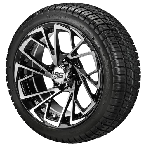RM Cart 14 Stinger Black/Machined on a 205/30-14 Deli Tires (Set of 4) | Golf Cart Tires and Wheels Combo with Standard Lug Nuts