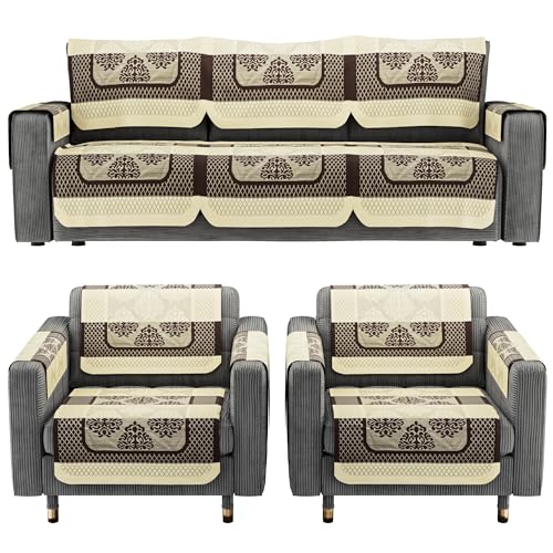 Image of Kuber Industries (Set of 16) Stylish & Durable Cotton Sofa Covers 5 Seater with Arms | Washable Sofa Protector & Slipcover for Living Room & Office | Flower Patti - Cream & Brown