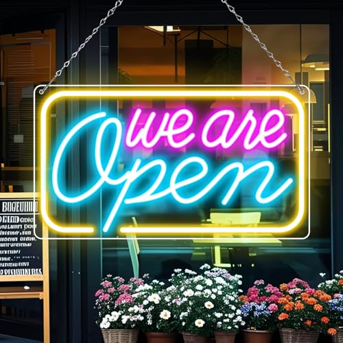 LED Neon We Are Open Signs, 16.5''x 9'' Open Sign for Business, Neon Open Sign with ON/OFF Switch, Light Up Electric USB Powered Sign for Stores, Hotel, Bars, Restaurant (Pink&Blue&Yellow)