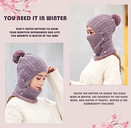 Fleece Lined Womens Beanie Knit Hat,Winter Scarf Mask Set For Women,Girls Warm Hat Earmuffs Cap With Pom (One Size, Purple) #TOP20