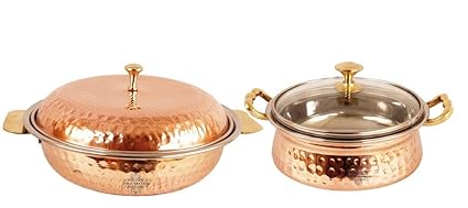 Indian Art Villa Handmade Stainless Steel Copper Royal Donga Casserole Capacity 750 ML with 1 Casserole Handi wit Glass Lid volume 500 ML for Serving Indian Dishes Restaurant Home Hotel Ware Gift Item