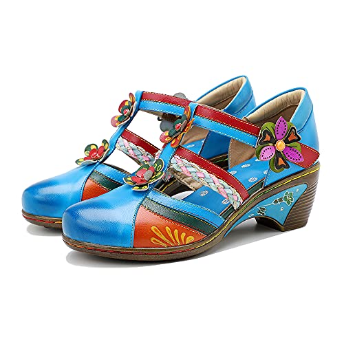 CrazycatZ Leather Mary Jane Shoes,Womens Colorful Block Heel Pumps Vintage Mary Jane Shoes Pumps