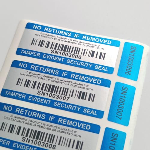 120pcs Tamper Proof Barcode Stickers,Security Label, Warranty Void Sticker with Double Individual Serial Number,Tamper Evident Sealing Label for Package(2x0.8 inches,Blue)